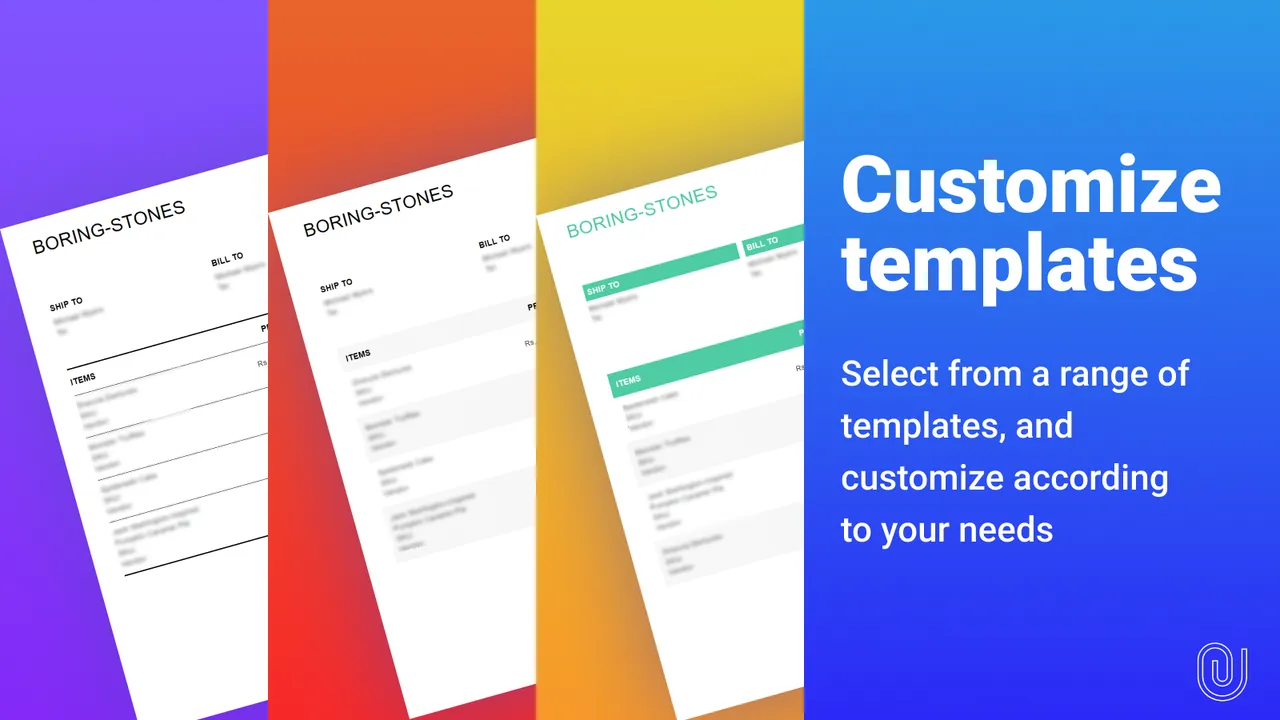 Three colorful invoice template examples with editable layout designs, emphasizing the customizable template options offered by the F: PDF Invoice Generator app.