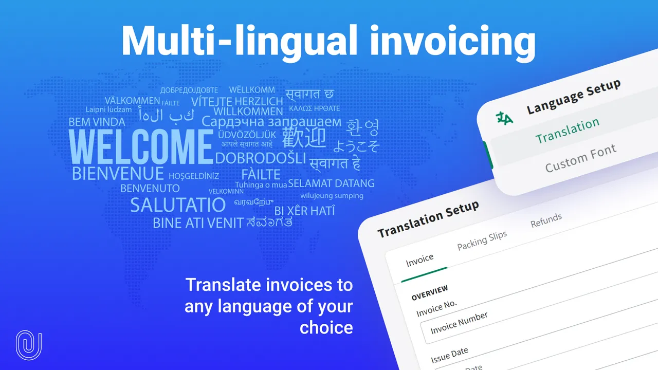 Multilingual invoice feature showcasing a map filled with the word 'Welcome' in different languages, highlighting F: PDF Invoice Generator’s ability to translate invoices into any language.
