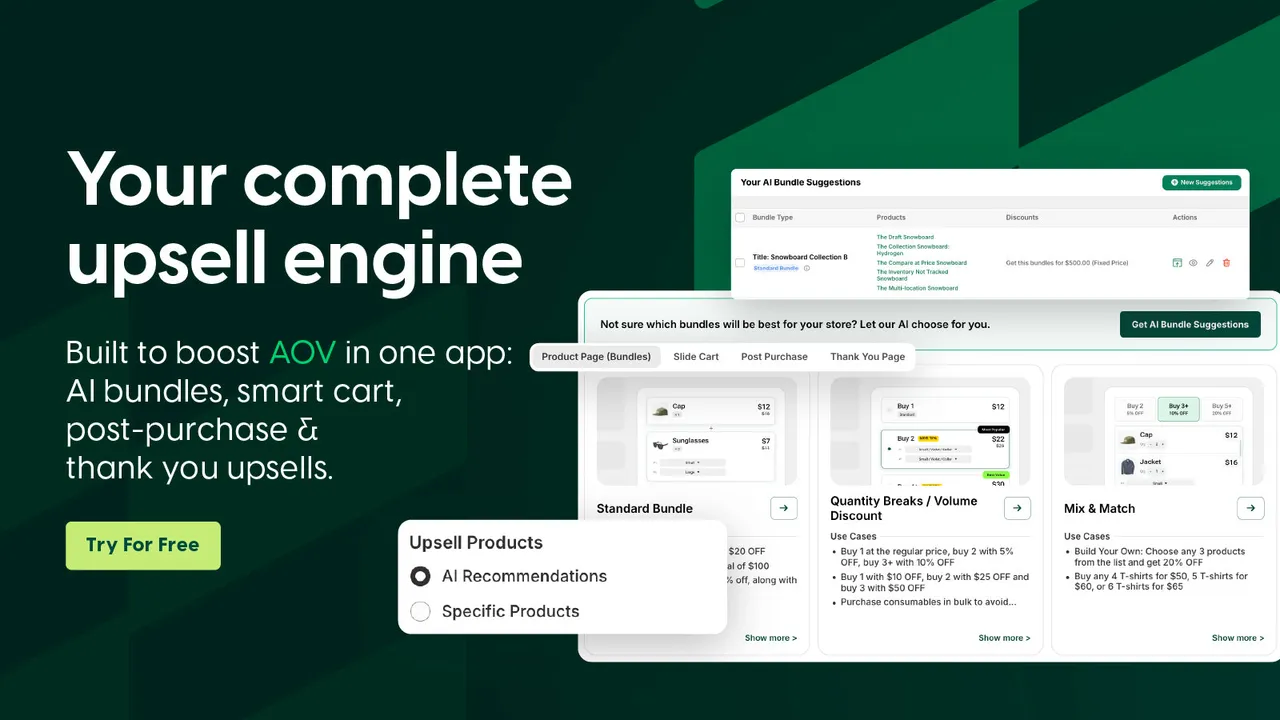 All-in-one upsell engine for Shopify by Kefi Bundles with AI-powered bundle recommendations, quantity breaks, post-purchase upsells, and slide cart features.