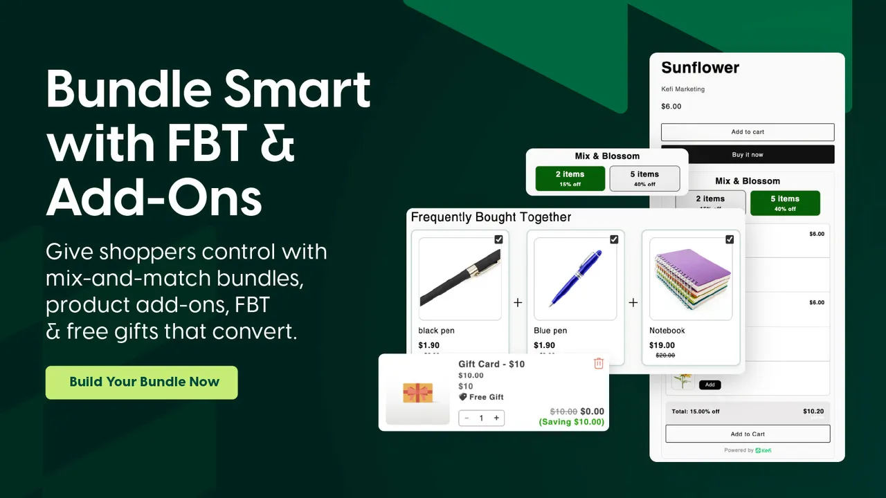 Smart Shopify bundle app by Kefi showing mix-and-match bundles, product add-ons, frequently bought together deals, and free gifts to increase conversions.