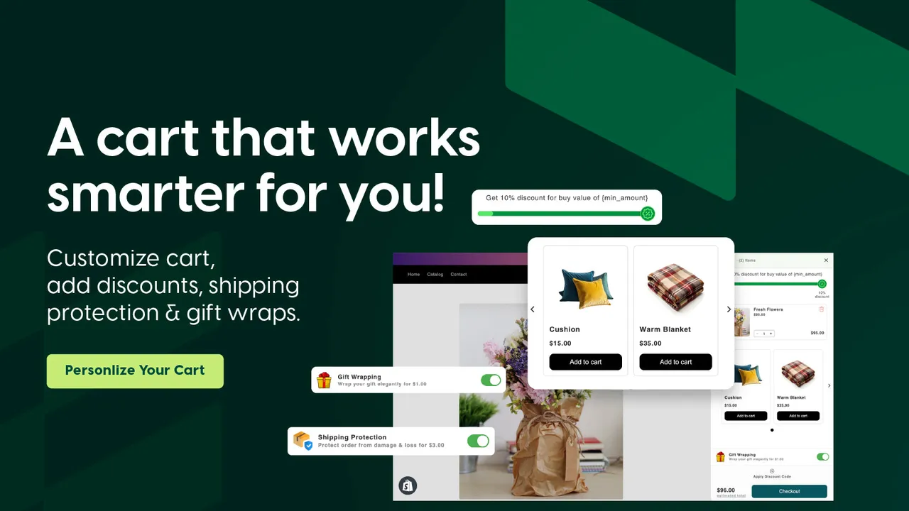 Smart cart customization for Shopify stores with discount progress bars, shipping protection, and gift wrap upsell features using Kefi Bundles app.