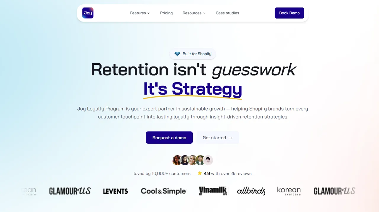 Screenshot of the Joy Loyalty Program homepage showcasing its strategic approach to customer retention and list of popular brand users like Allbirds and Vinamilk.