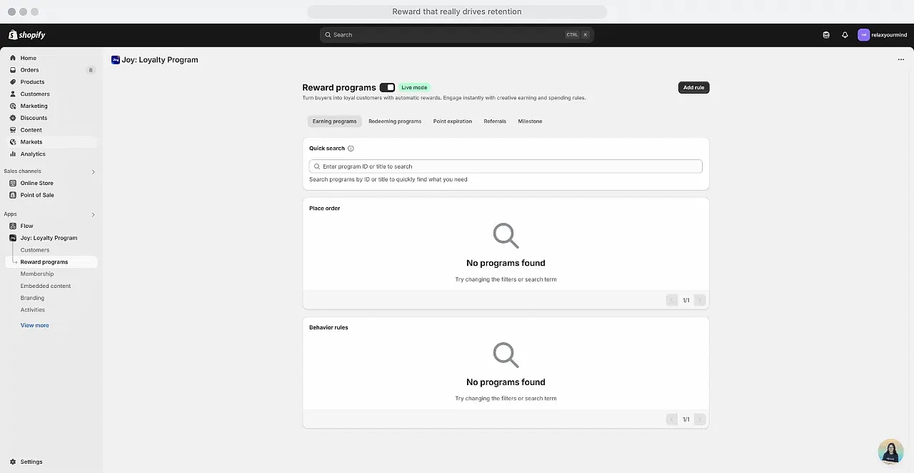 Animated walkthrough of how to create reward programs inside the Shopify admin using Joy Loyalty's easy-to-use dashboard and automation settings.