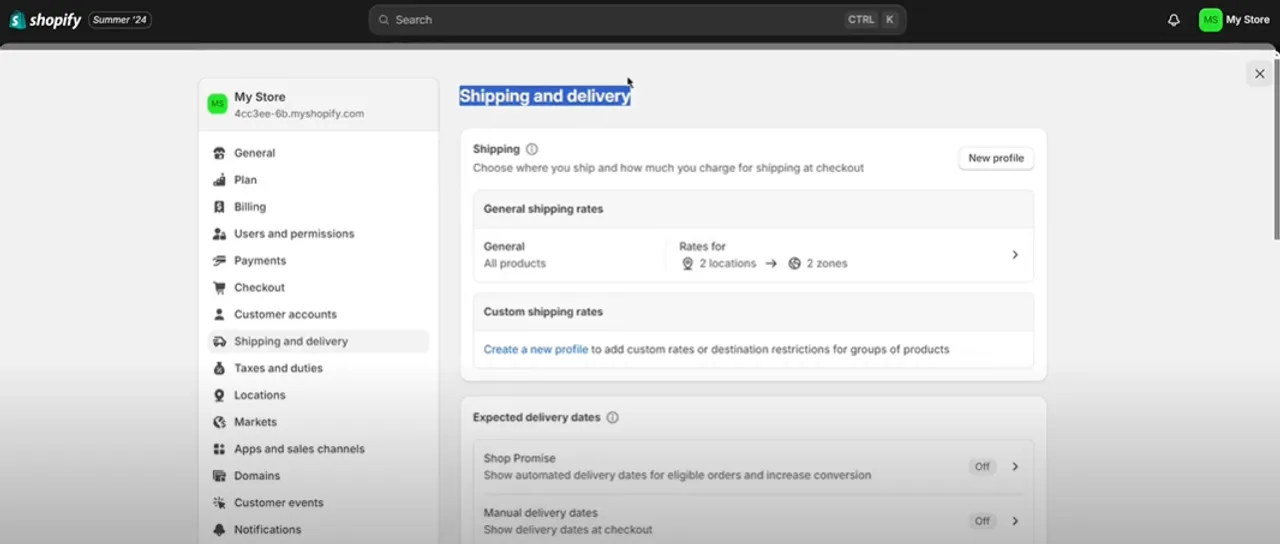 Shopify admin panel showing Shipping and Delivery settings for configuring general and custom shipping rates by location and zone