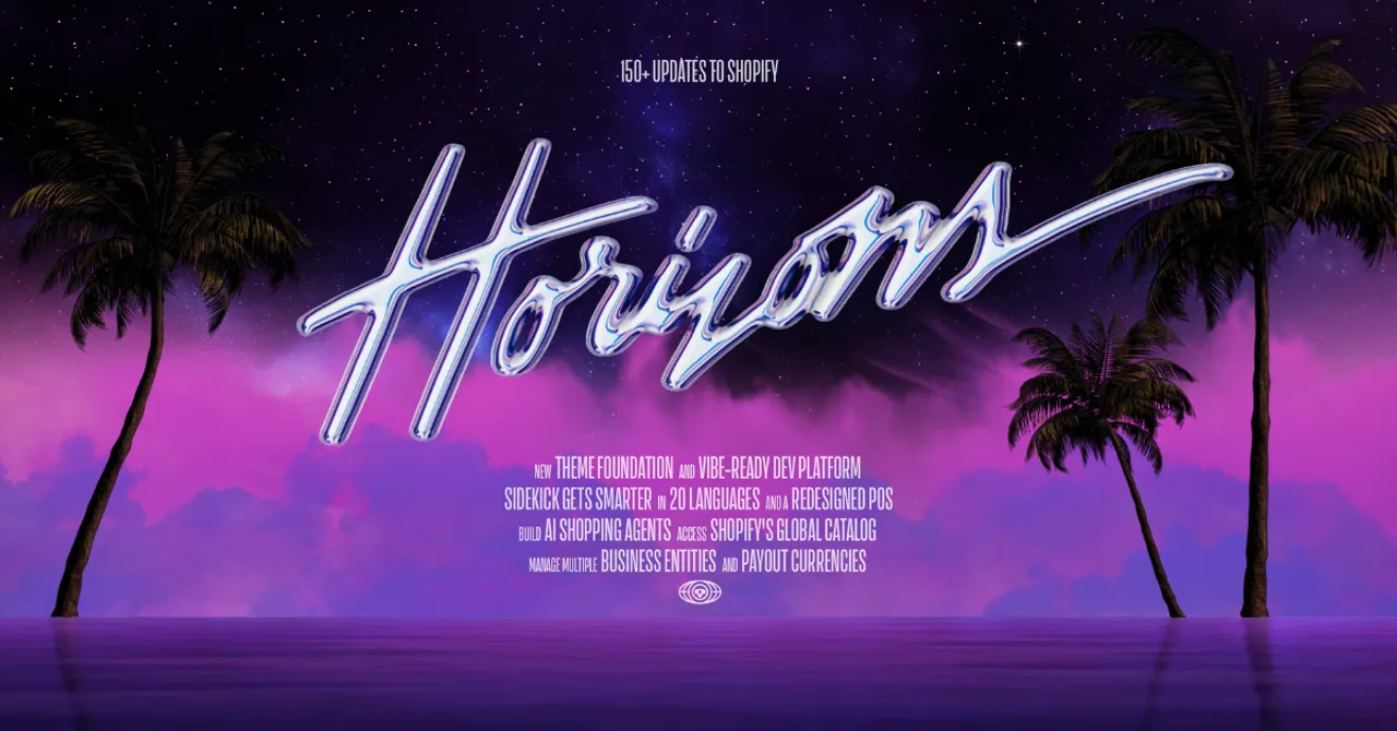 Retro-style graphic with the word “Horizons” and palm trees, announcing 150+ new updates to Shopify in Summer 2025.