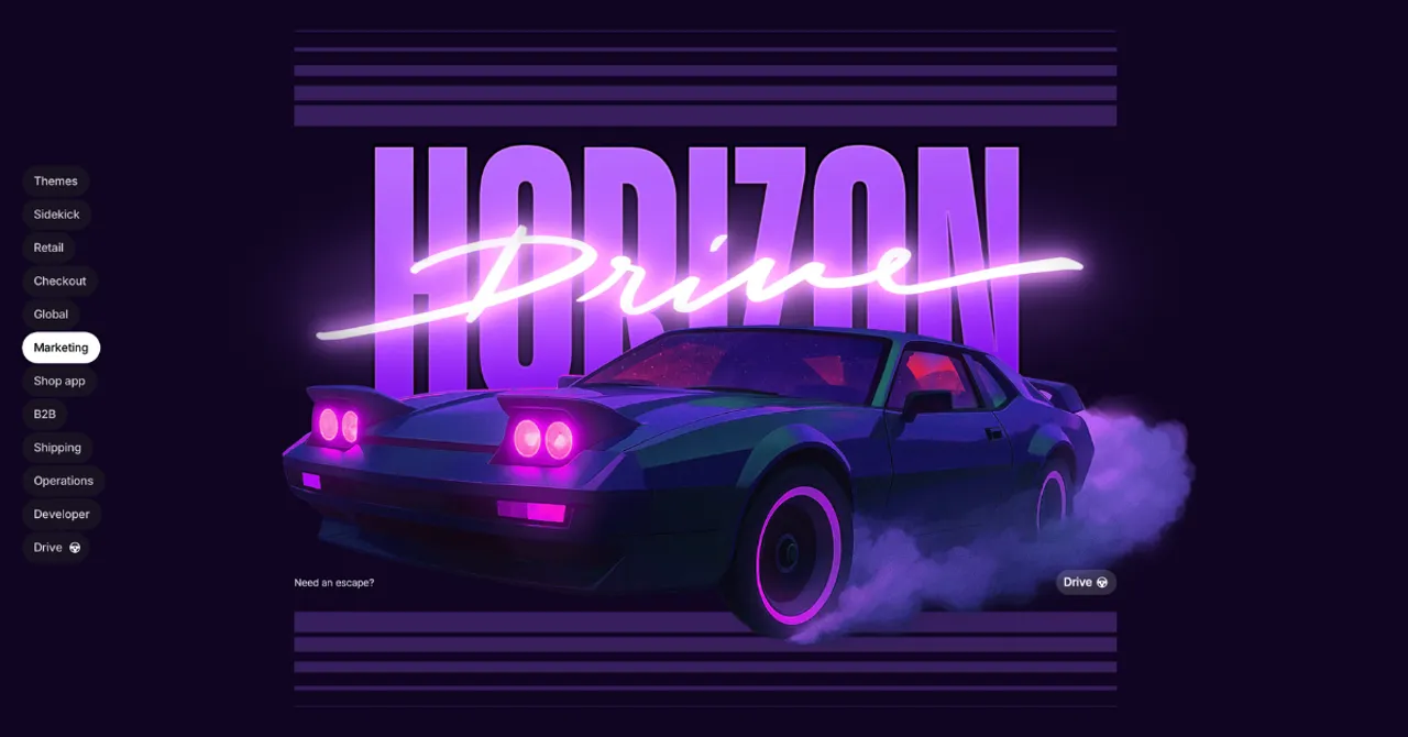 A neon racing-themed visual promoting Shopify's marketing tools in Summer Editions.