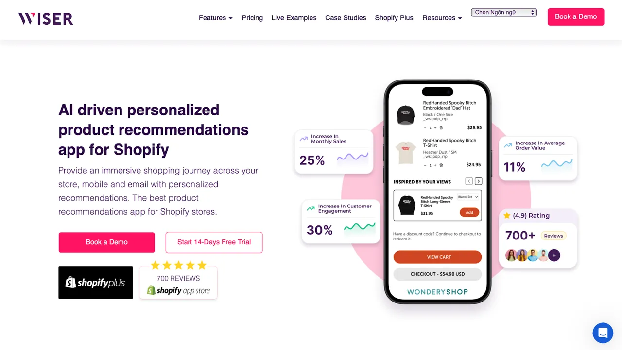 A feature preview of Wiser – a Vietnamese AI-driven app for personalized product recommendations on Shopify.