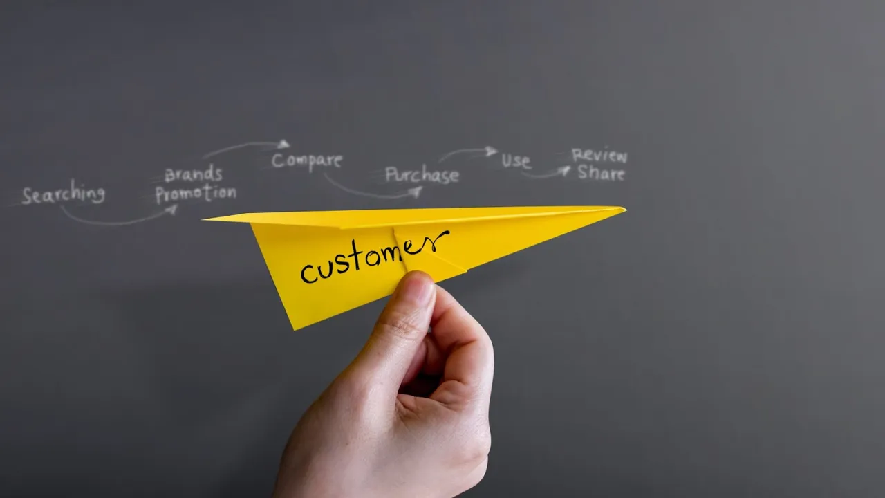 Hand holding a yellow paper plane labeled “customer” in front of a chalkboard showing customer journey stages – visualizing the lifecycle from brand discovery to repeat purchase and referral.