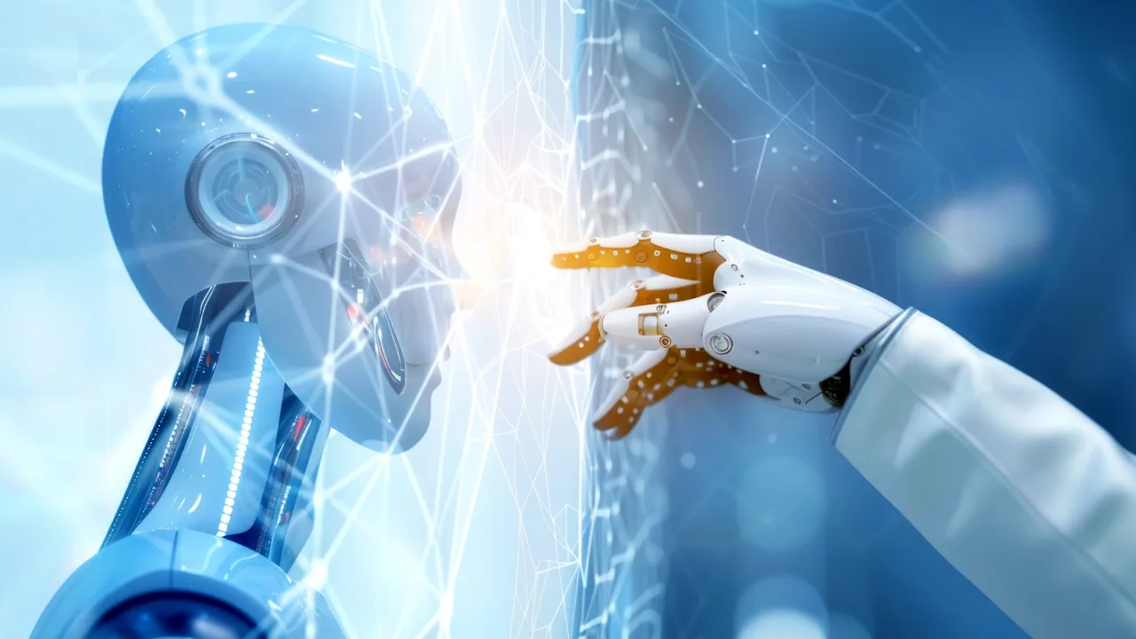 A futuristic AI robot reaching out to a digital interface, symbolizing advanced artificial intelligence and human-machine interaction.