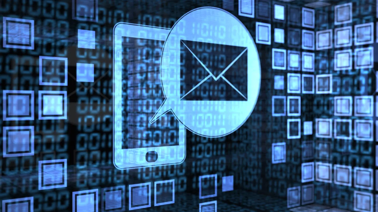 Digital envelope icon emerging from a smartphone interface, representing automated email and SMS communication in a data-driven environment.