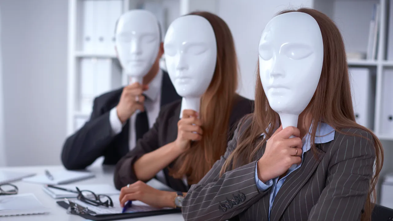 Business people wearing expressionless white masks, symbolizing lack of authenticity or hidden identities in a professional setting.