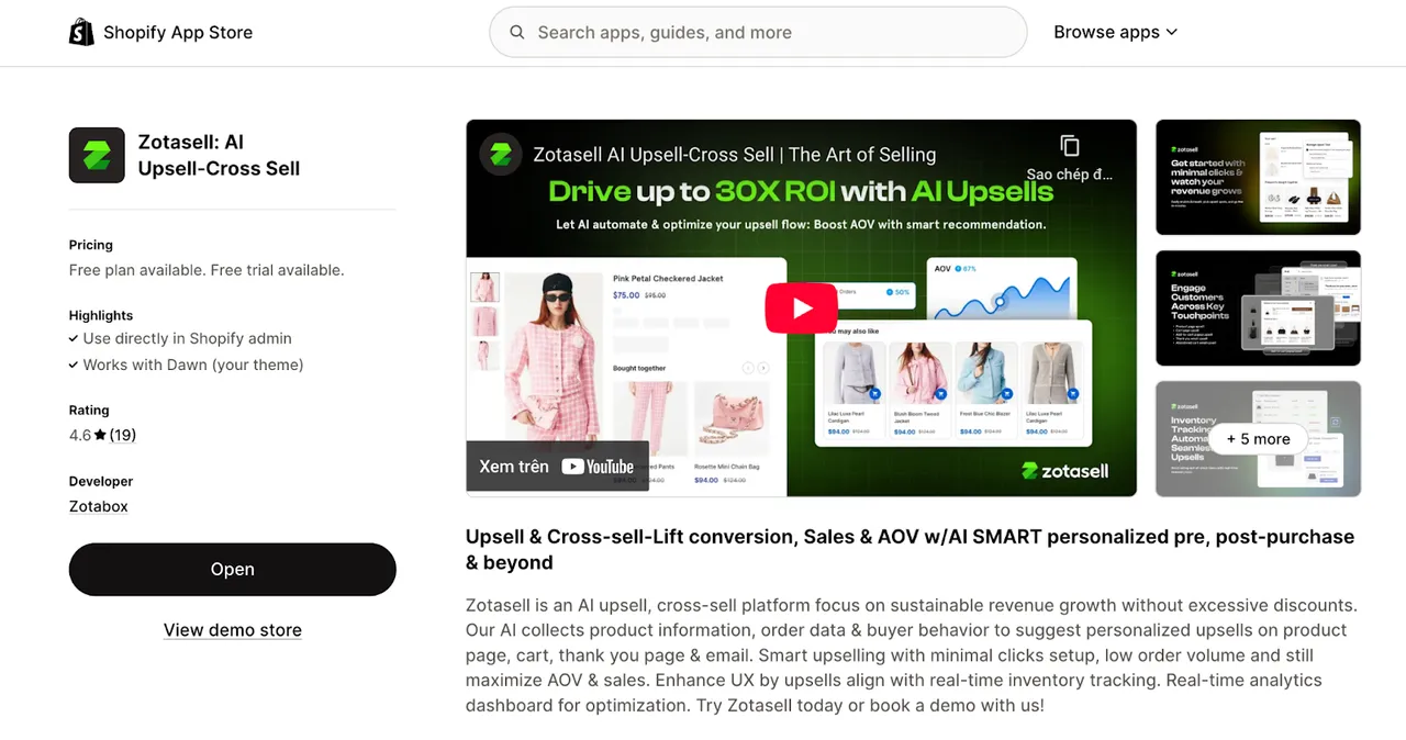Shopify App Store listing for Zotasell, an AI-powered upsell and cross-sell platform featuring product suggestions, sales analytics, and personalized customer engagement tools.