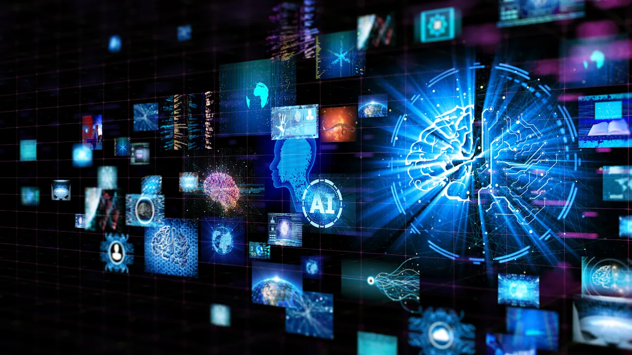AI-powered digital interface showcasing brain neural networks, data streams, and futuristic technology concepts