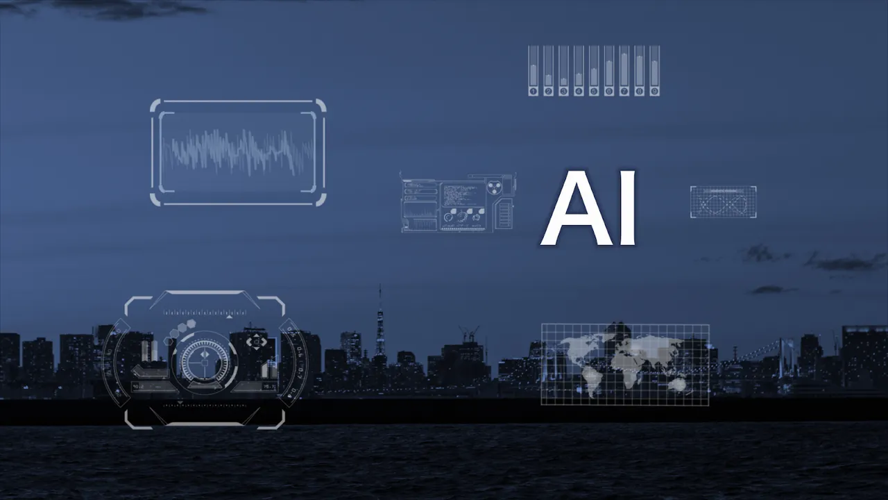 Futuristic AI interface overlaying a city skyline at night, symbolizing artificial intelligence in modern urban technology.