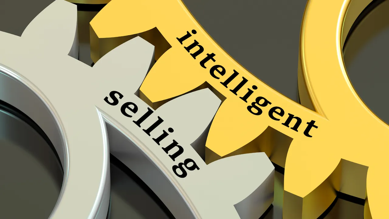 Close-up of two interlocking metallic gears labeled "intelligent" and "selling," representing the concept of smart or AI-driven sales strategies in modern eCommerce.