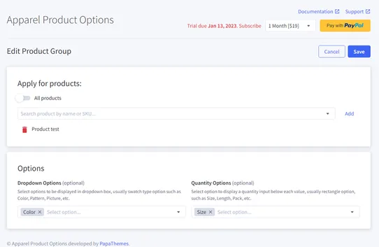 Apparel Product Options by PapaThemes screenshot