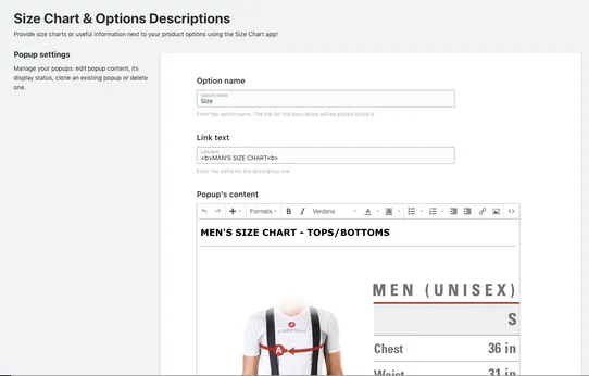 Size Chart & Product Option Descriptions screenshot