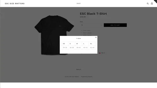 Size Charts &amp; Size Guide ‑ ESC screenshot