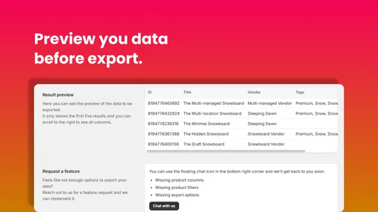 ExD: Product data export screenshot