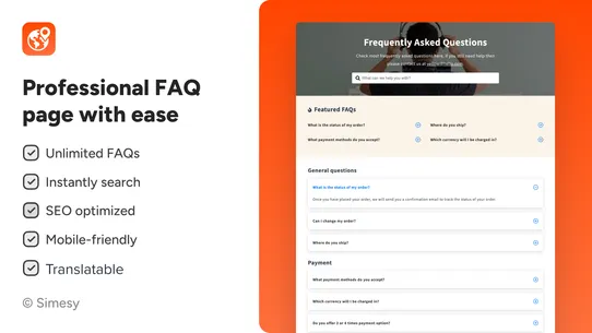 Simesy Product FAQs &amp; FAQ Page screenshot