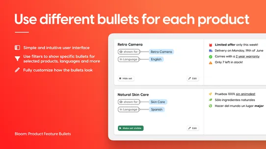 Bloom: Product Feature Bullets screenshot