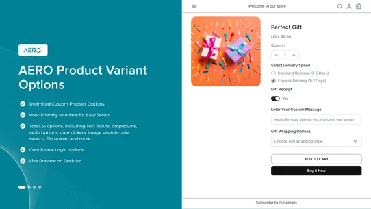 Aero Product Variant Options screenshot