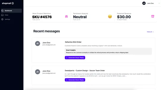 Shopmail AI Customer Support screenshot