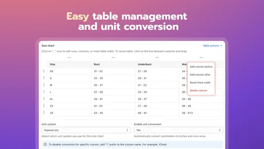 Platmart Size Charts screenshot