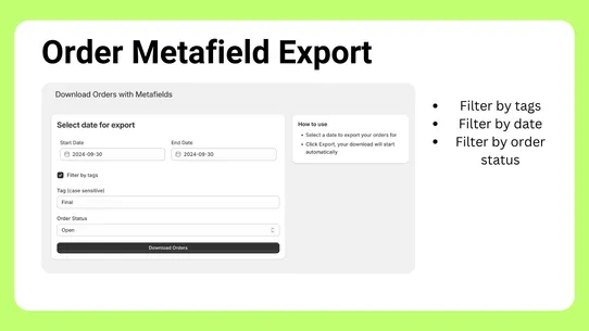 TinyApp Order Metafield Export screenshot