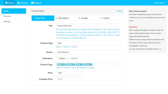 Robo Product Importer screenshot