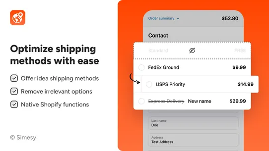 Simesy Hide Shipping Methods screenshot