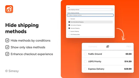 Simesy Hide Shipping Methods screenshot