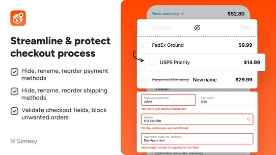 Simesy Hide Shipping Methods screenshot