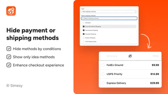 Simesy Hide Shipping Methods screenshot