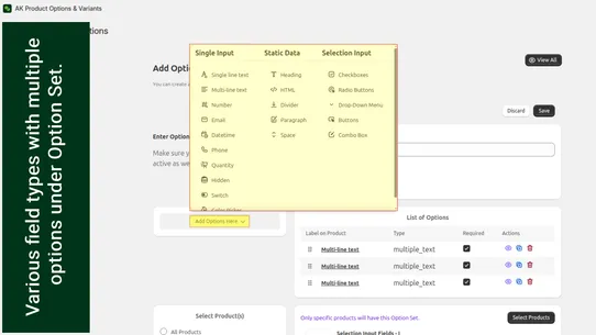 AK Product Options, Variants screenshot