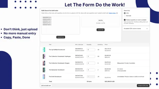 Quick Order / Draft CSV Import screenshot