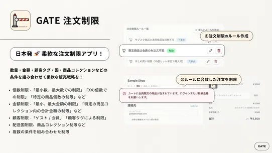 GATE 注文制限｜数量・金額・商品・国・顧客タグで購入制限 screenshot