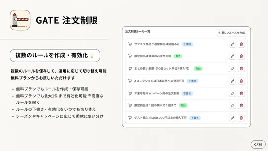 GATE 注文制限｜数量・金額・商品・国・顧客タグで購入制限 screenshot