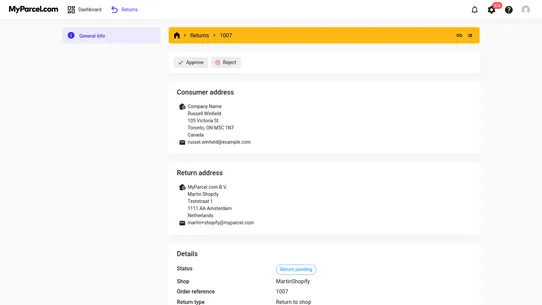 MyParcel.com Returns screenshot