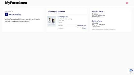 MyParcel.com Returns screenshot