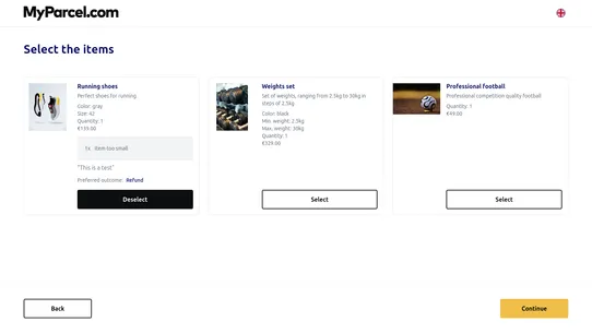 MyParcel.com Returns screenshot