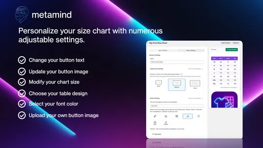 MetaMind Size Chart screenshot