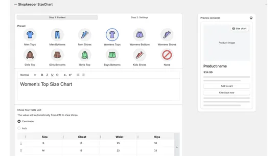 Shopkeeper SizeChart screenshot