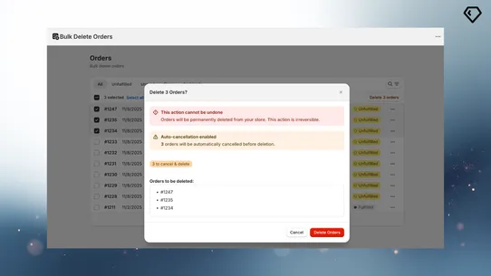 Bulk Delete Orders screenshot