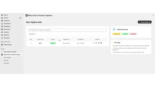 Misk Smart Product Options screenshot