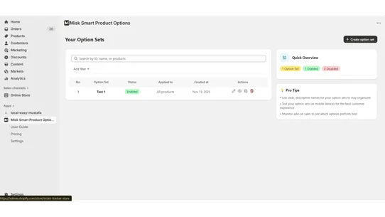 Misk Smart Product Options screenshot