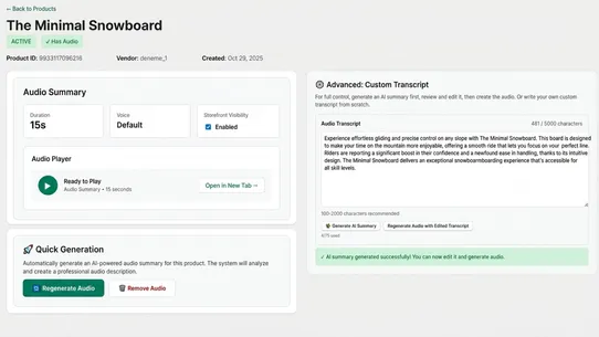 AI Product Audio Summary screenshot