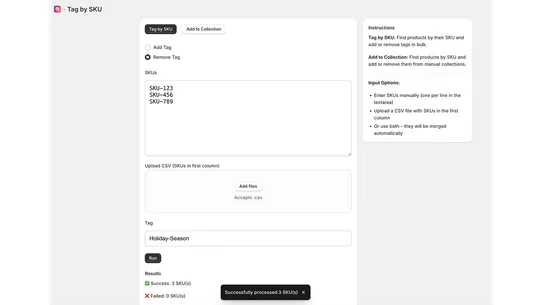 Tag By SKU / Add to Collection screenshot
