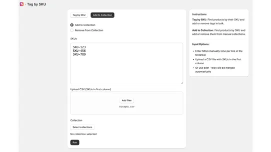 Tag By SKU / Add to Collection screenshot