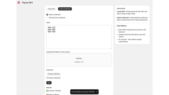 Tag By SKU / Add to Collection screenshot